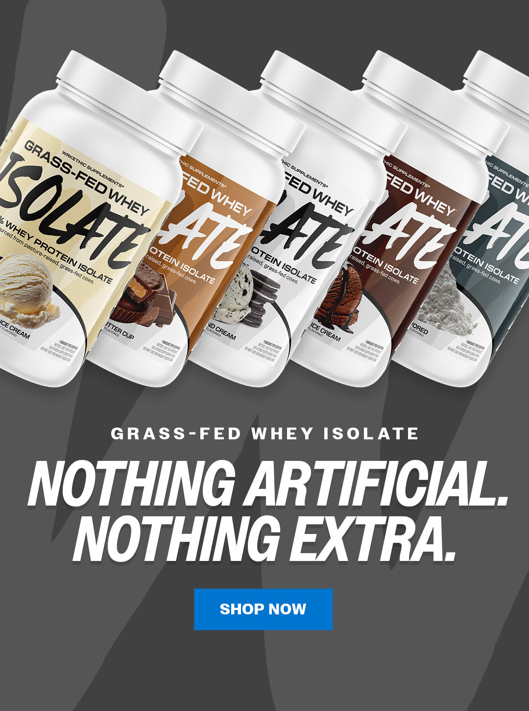 Bottles of grass-fed whey isolate protein with a dark gray background and 'Shop Now' button.